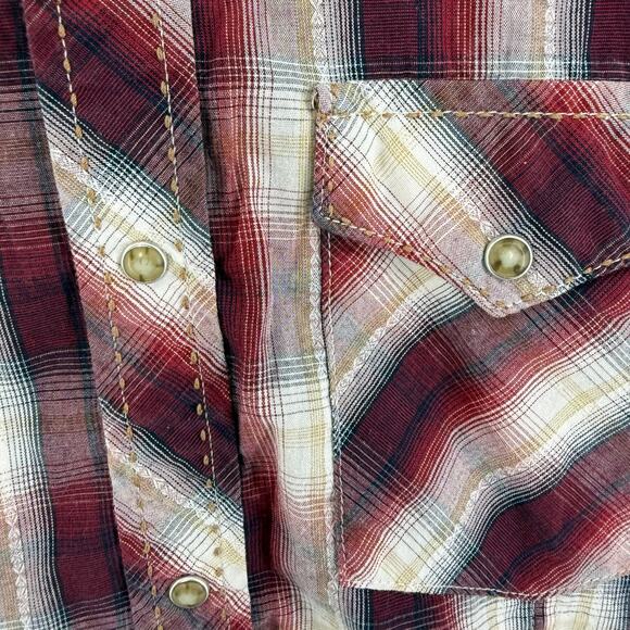 Wrangler Pearl Snap Shirt Maroon White Plaid Youth 18/20 Western Cowboy Rodeo - Picture 3 of 4
